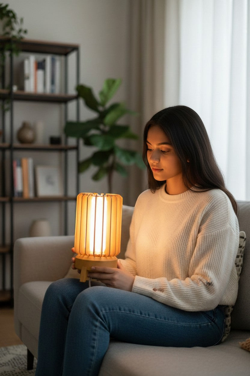 My Store Layyo Nova wooden table lamp with slatted design and warm glow, perfect for cozy home decor.